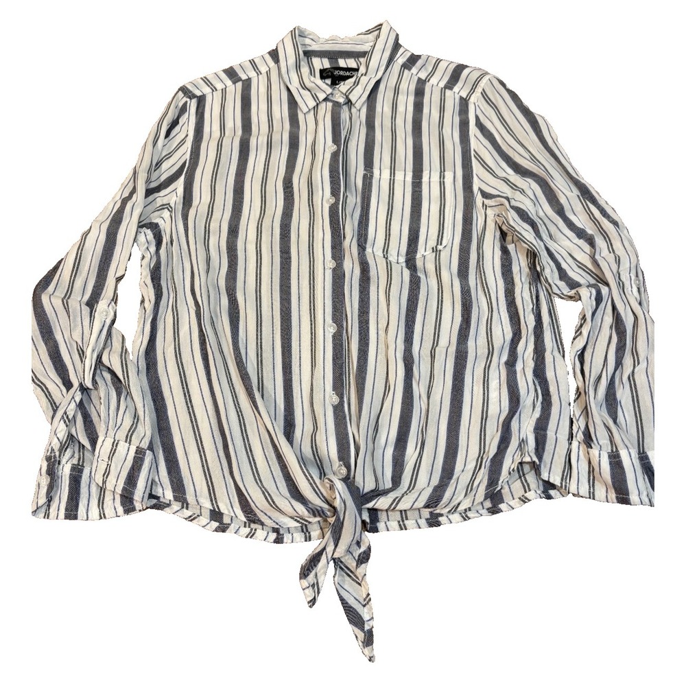 Jordache long sleeve blouse stripes tie fronts rayon womens sz large nautical